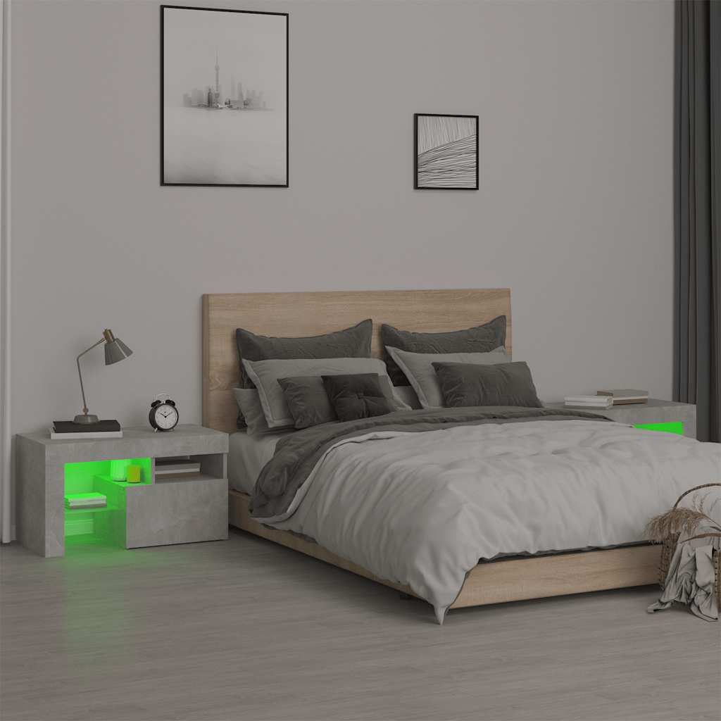 vidaXL Nachttische 2 Stk. mit LED-Leuchten Betongrau 70x36,5x40 cm