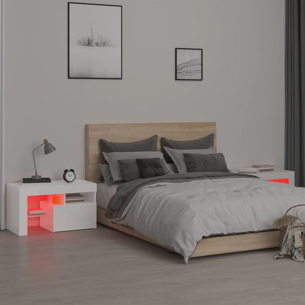 vidaXL Nachttische 2 Stk. mit LED-Leuchten Hochglanz-Weiß 70x36,5x40cm