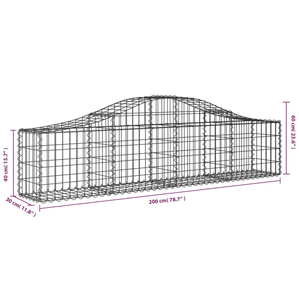 vidaXL Gabione mit Hochbogen 200x30x40/60 cm Verzinktes Eisen