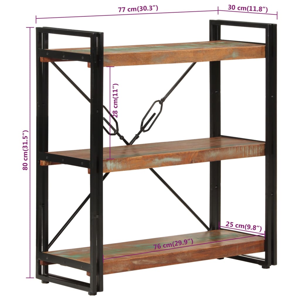 vidaXL Bücherregal 3 Fächer 77x30x80cm Recyceltes Massivholz und Eisen