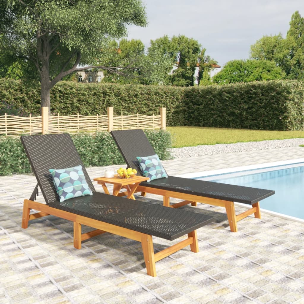 vidaXL Sonnenliegen 2 Stk. Schwarz Braun Poly Rattan Massivholz Akazie