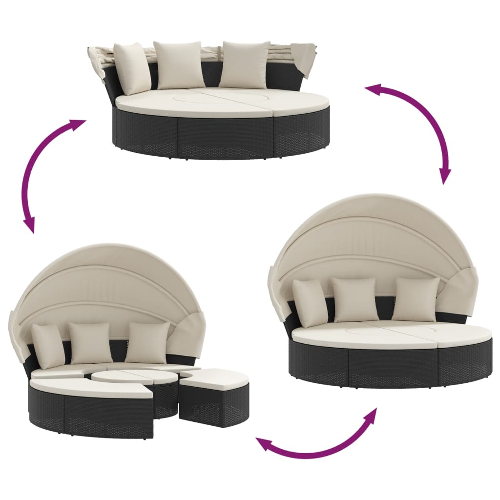 vidaXL Outdoor-Loungebett mit Dach und Kissen Schwarz Poly Rattan