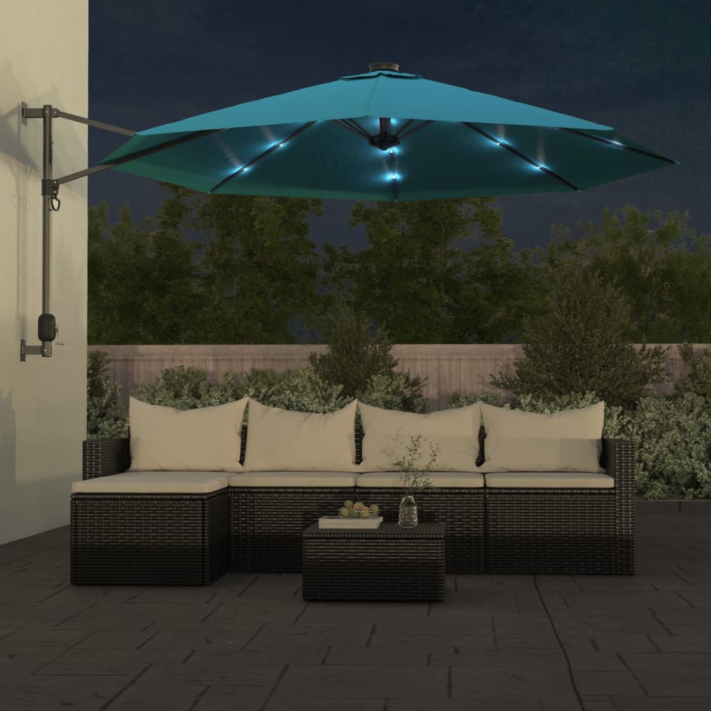 vidaXL Wand-Sonnenschirm mit LEDs Meerblau 290 cm