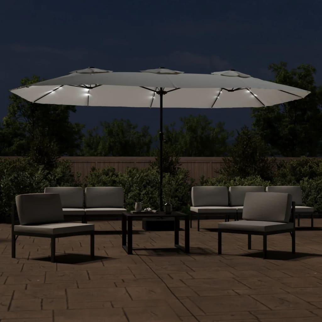 vidaXL Doppel-Sonnenschirm mit LED-Leuchten Sandweiß 449x265 cm