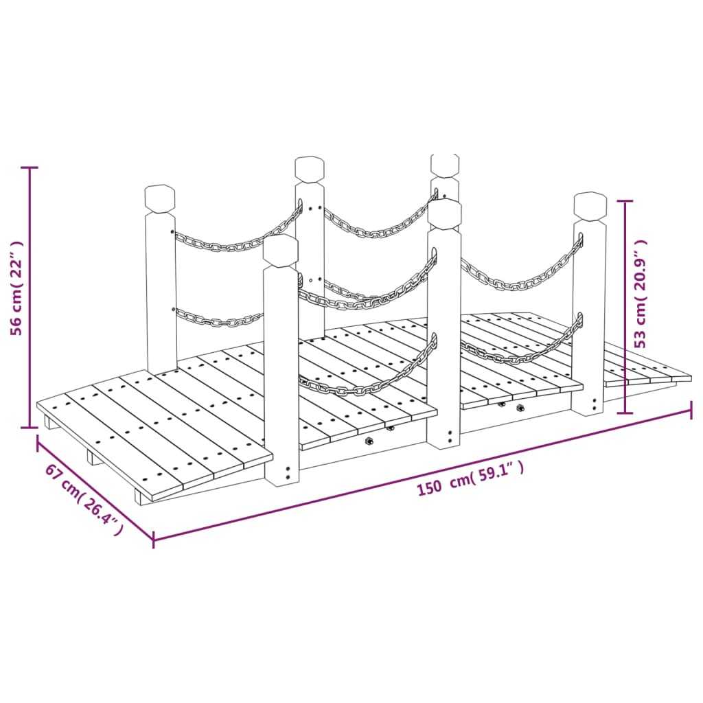 vidaXL Gartenbrücke mit Kettengeländer 150x67x56 cm Massivholz Fichte