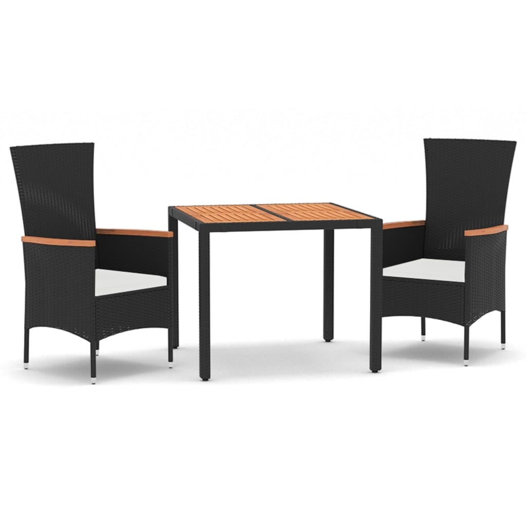vidaXL 3-tlg. Garten-Essgruppe mit Kissen Schwarz Poly Rattan