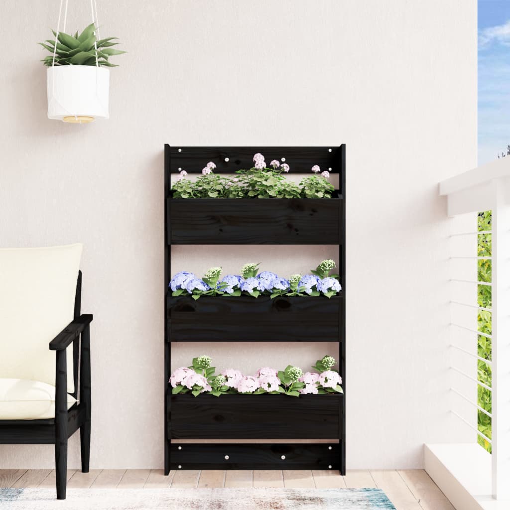 vidaXL Wand-Pflanzkübel 3 Fächer 60x18,5x110 cm Schwarz Kiefernholz