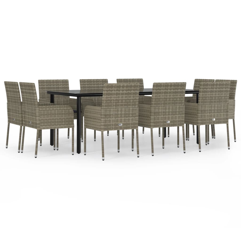 vidaXL 11-tlg. Garten-Essgruppe mit Kissen Schwarz & Grau Poly Rattan