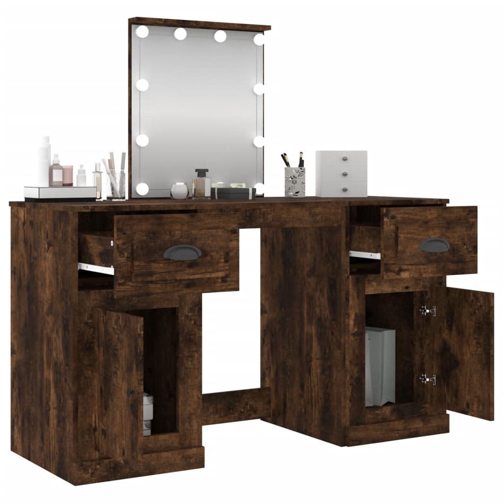 vidaXL Schminktisch mit LED-Leuchten Räuchereiche 130x50x132,5 cm