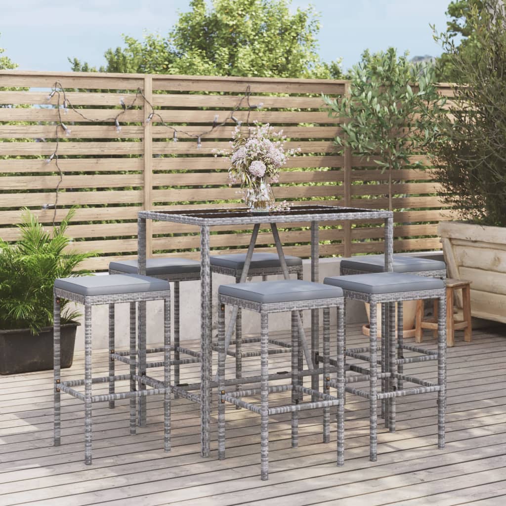 vidaXL 7-tlg. Gartenbar-Set mit Kissen Schwarz Poly Rattan