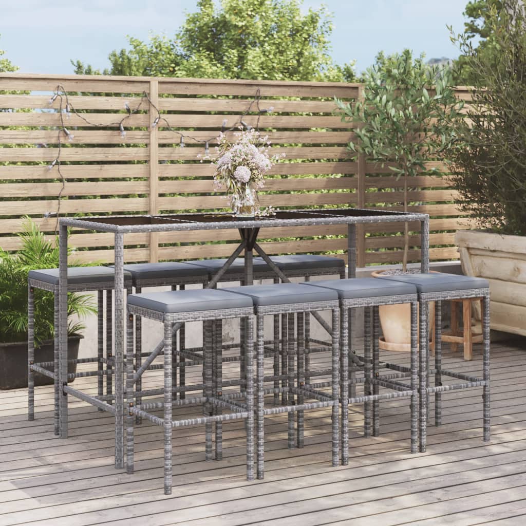 vidaXL 9-tlg. Gartenbar-Set mit Kissen Schwarz Poly Rattan