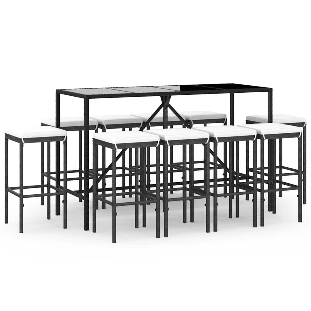 vidaXL 11-tlg. Gartenbar-Set mit Kissen Schwarz Poly Rattan
