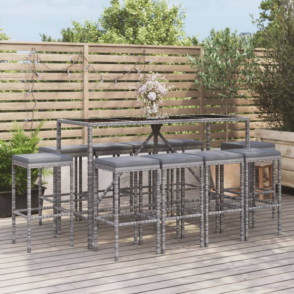 vidaXL 11-tlg. Gartenbar-Set mit Kissen Schwarz Poly Rattan