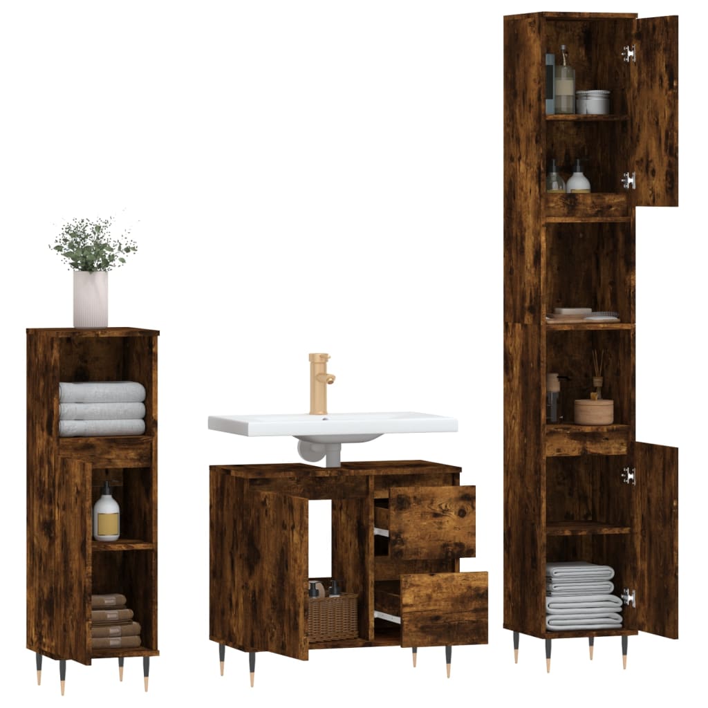 vidaXL 3-tlg. Badmöbel-Set Räuchereiche Holzwerkstoff