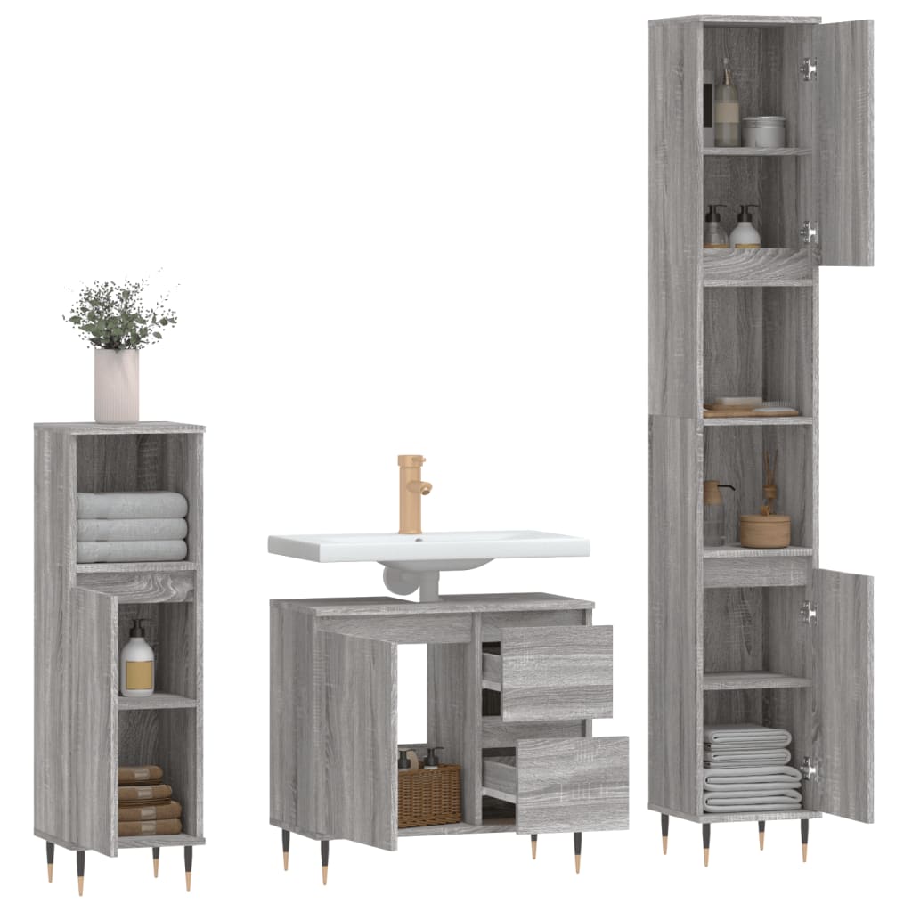 vidaXL 3-tlg. Badmöbel-Set Grau Sonoma Holzwerkstoff