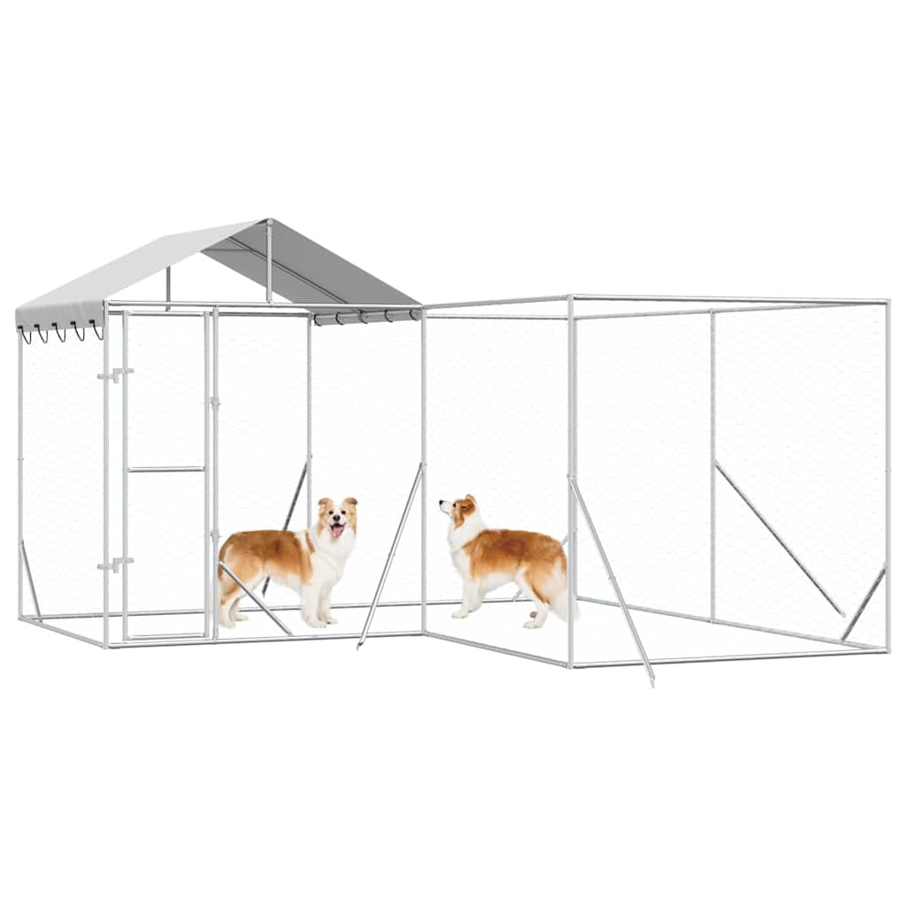vidaXL Outdoor-Hundezwinger mit Dach Silbern 4x4x2,5m Verzinkter Stahl
