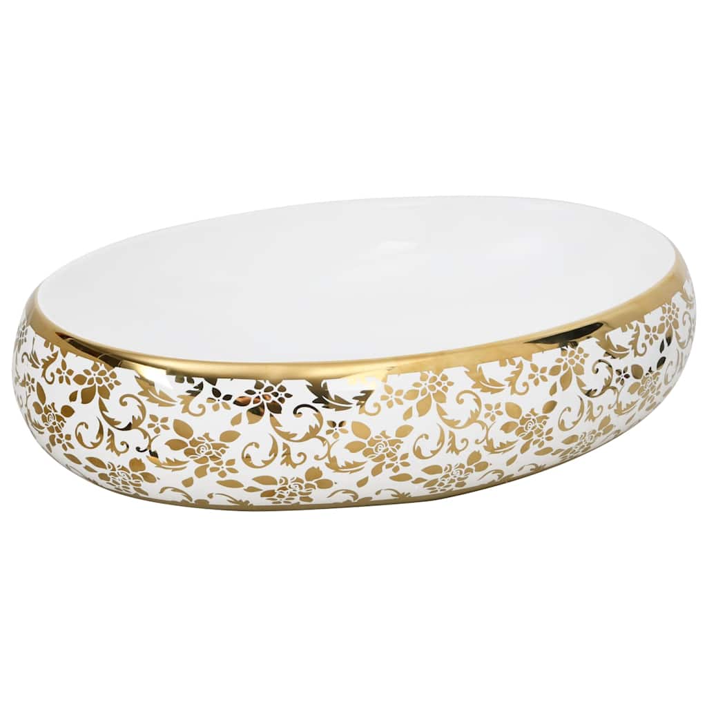 vidaXL Aufsatzwaschbecken Weiß und Golden Oval 59x40x15 cm Keramik