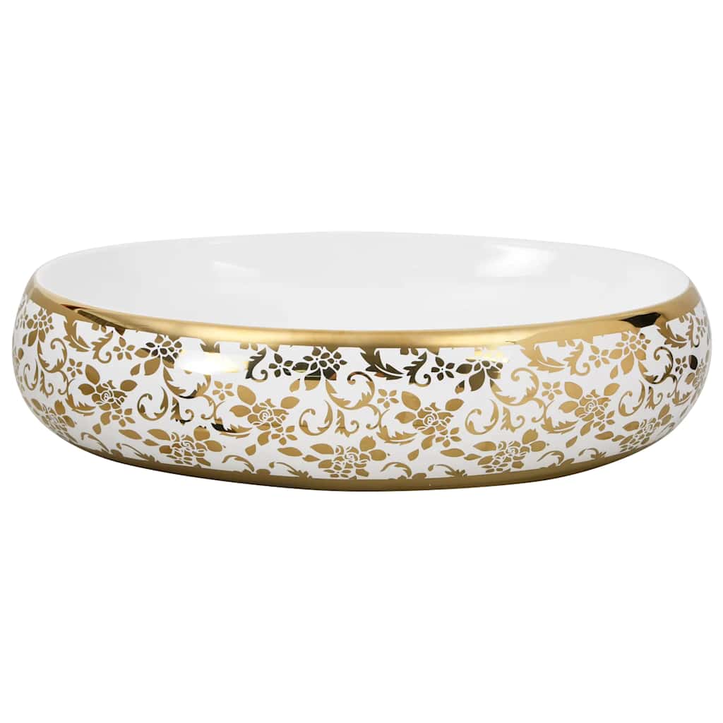 vidaXL Aufsatzwaschbecken Weiß und Golden Oval 59x40x15 cm Keramik