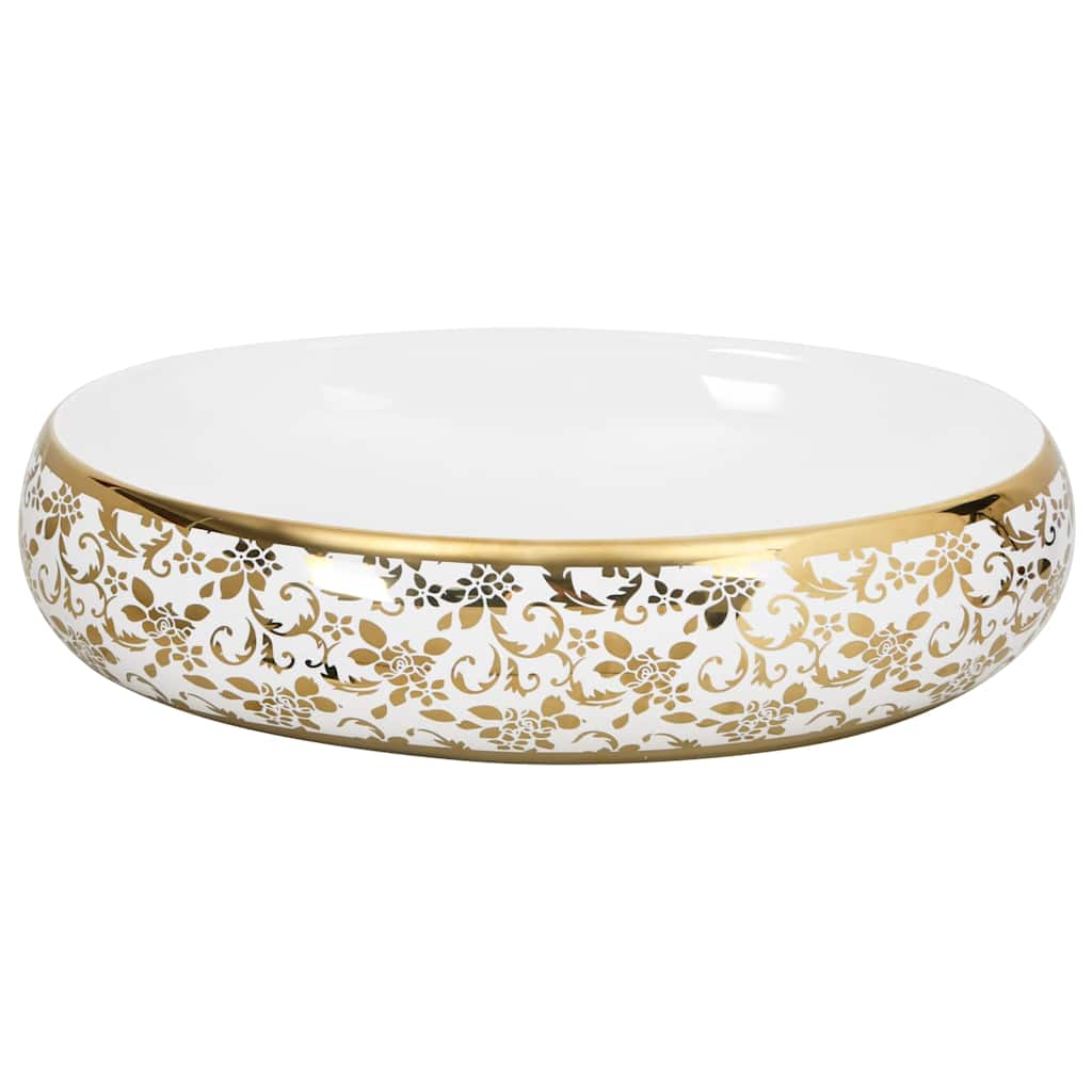 vidaXL Aufsatzwaschbecken Weiß und Golden Oval 59x40x15 cm Keramik