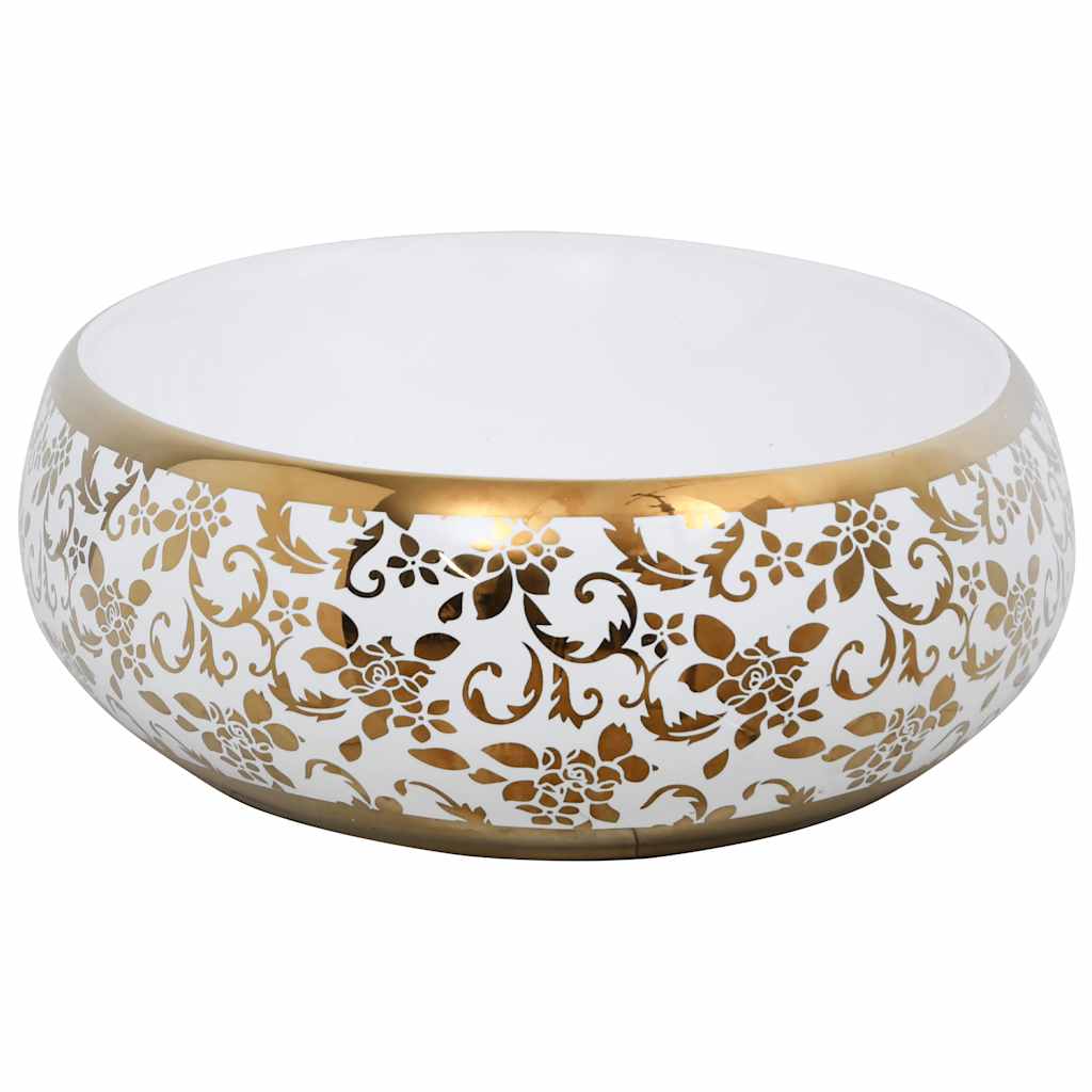 vidaXL Aufsatzwaschbecken Weiß und Golden Oval 59x40x15 cm Keramik