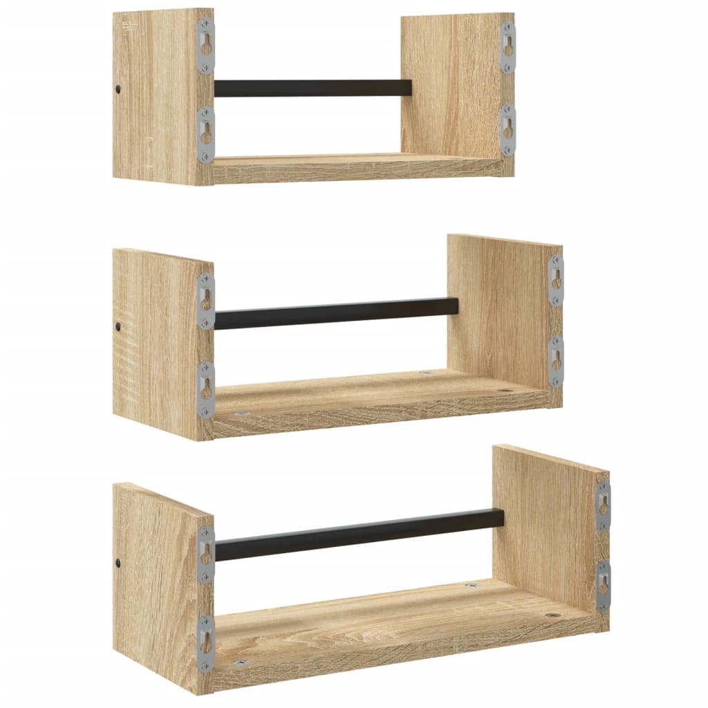 vidaXL 3-teiliges Wandregal-Set mit Stangen Sonoma-Eiche Holzwerkstoff