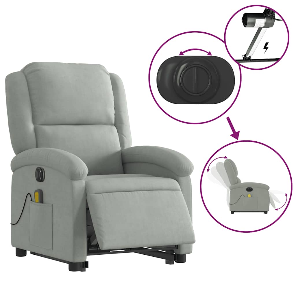 vidaXL Massagesessel mit Aufstehhilfe Elektrisch Hellgrau Samt