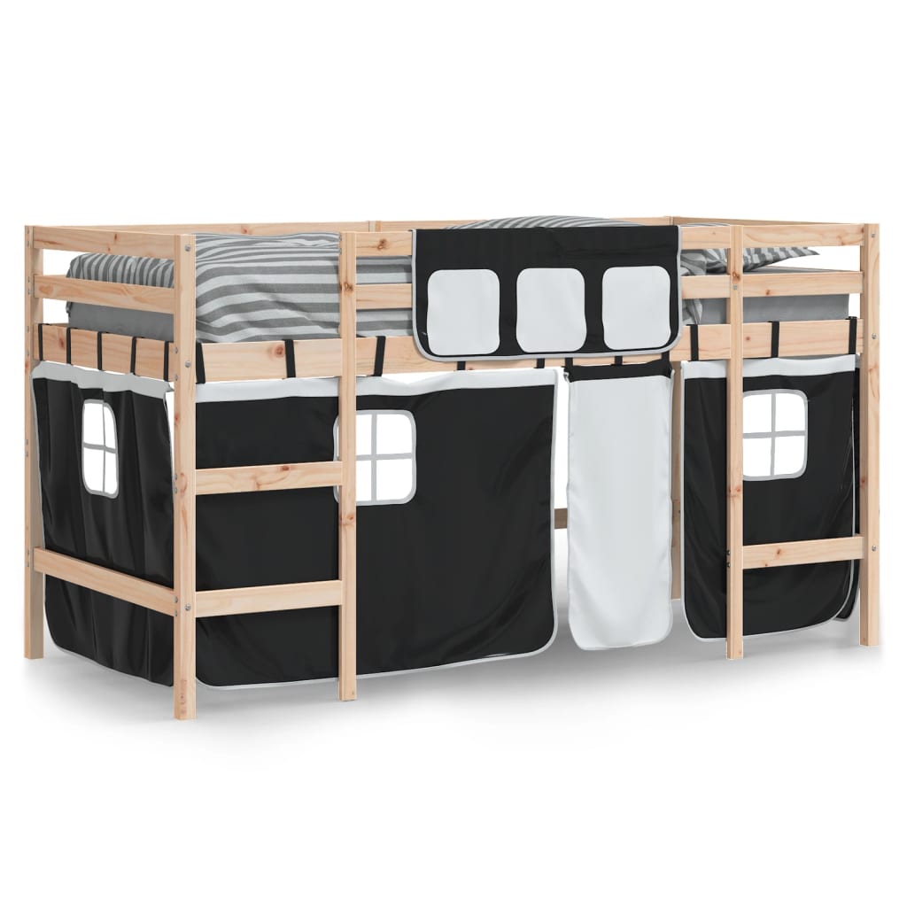 vidaXL Kinderhochbett mit Vorhängen Weiß und Schwarz Massivholz Kiefer