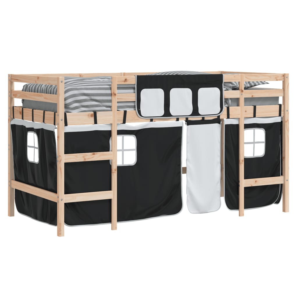 vidaXL Kinderhochbett mit Vorhängen Weiß und Schwarz Massivholz Kiefer
