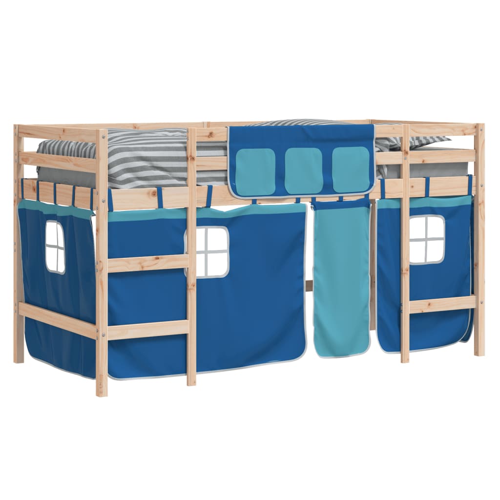 vidaXL Kinderhochbett mit Vorhängen Blau 80x200 cm Massivholz Kiefer