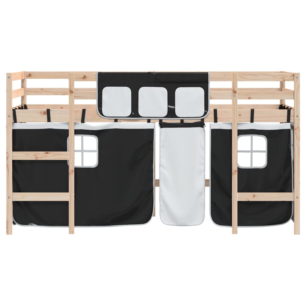 vidaXL Kinderhochbett mit Vorhängen Weiß Schwarz 90x190 cm Kiefernholz