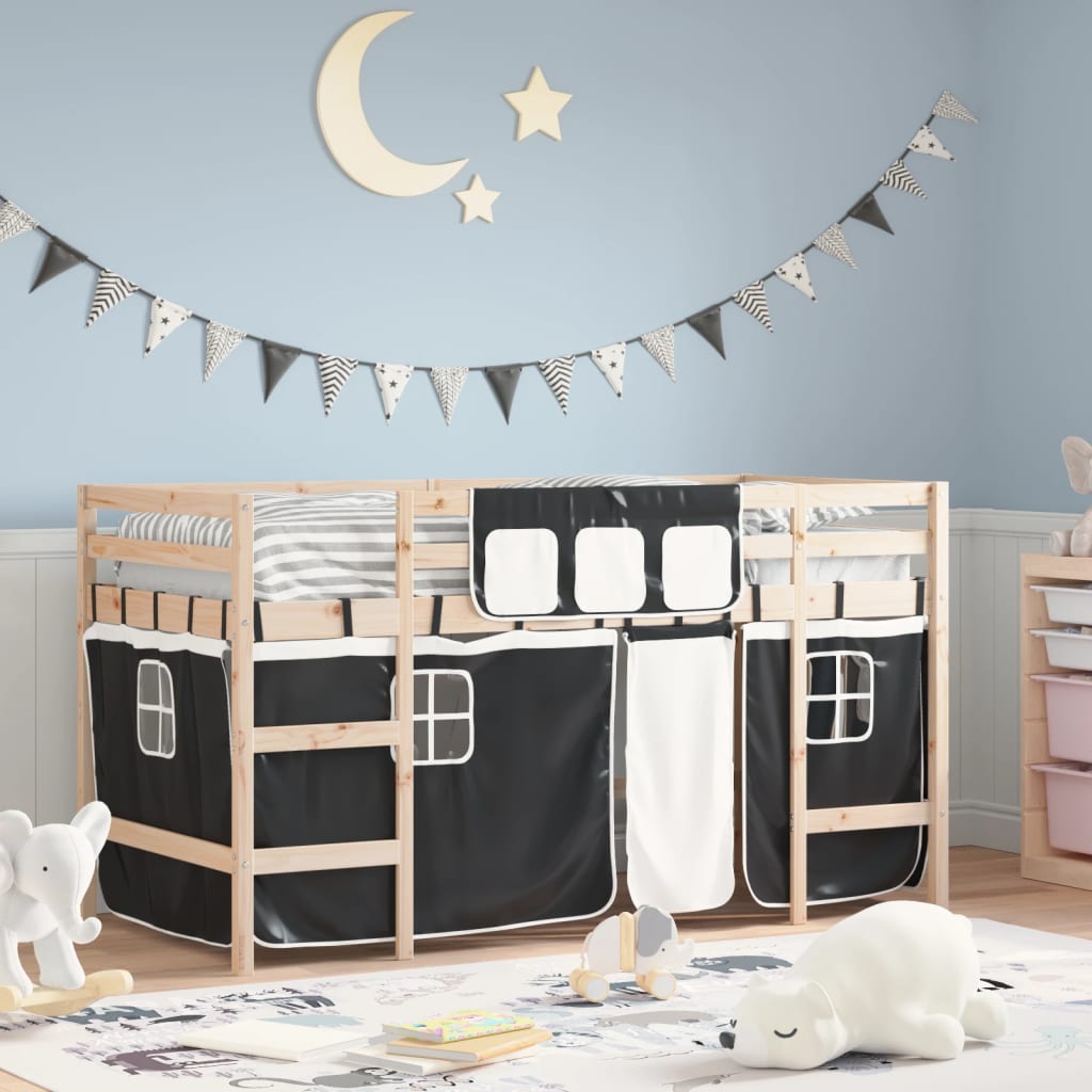 vidaXL Kinderhochbett mit Vorhängen Weiß Schwarz 90x190 cm Kiefernholz