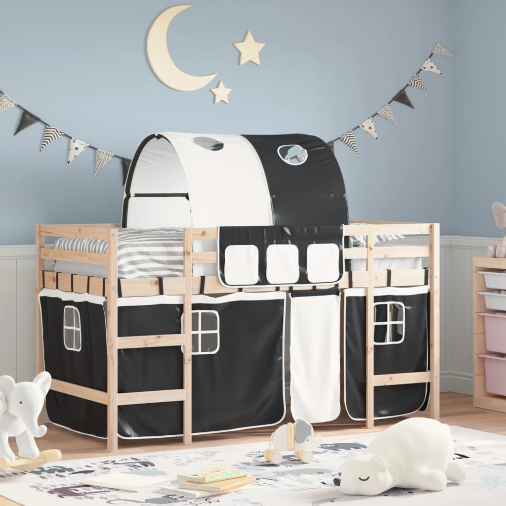 vidaXL Kinderhochbett mit Tunnel Weiß & Schwarz 80x200 cm Kiefernholz