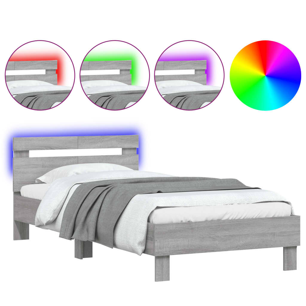 vidaXL Bettgestell mit Kopfteil und LED-Leuchten Grau Sonoma 100x200cm
