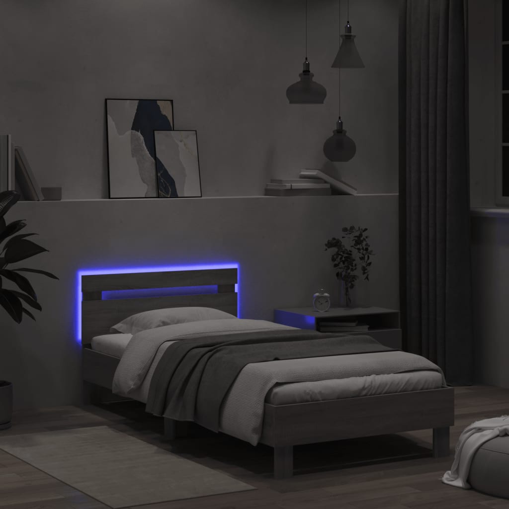 vidaXL Bettgestell mit Kopfteil und LED-Leuchten Grau Sonoma 100x200cm