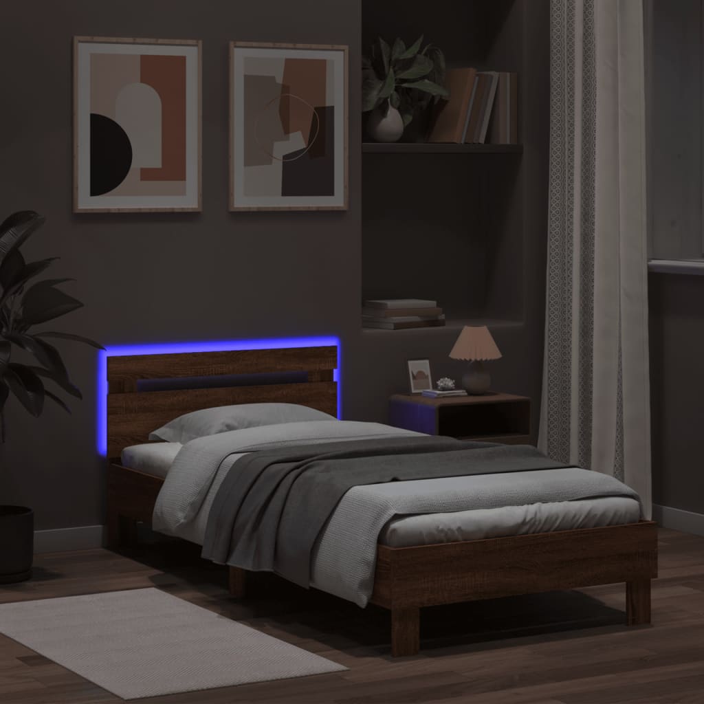 vidaXL Bettgestell mit Kopfteil und LED-Leuchten Braun Eiche 100x200cm