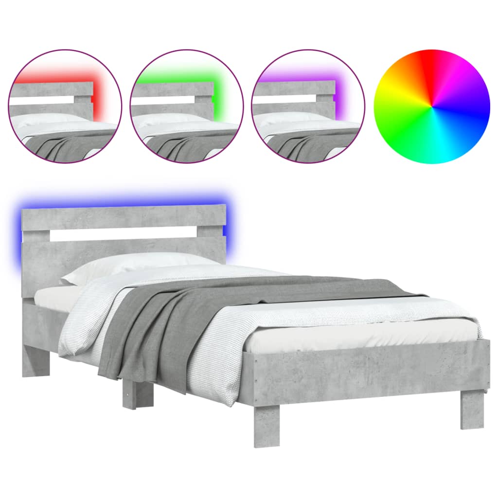 vidaXL Bettgestell mit Kopfteil und LED-Leuchten Betongrau 90x200 cm