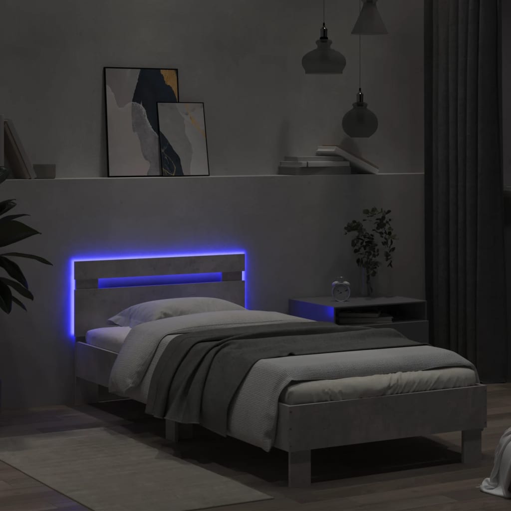 vidaXL Bettgestell mit Kopfteil und LED-Leuchten Betongrau 90x200 cm
