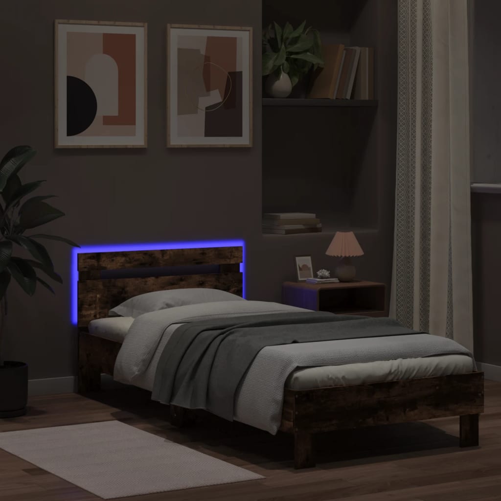 vidaXL Bettgestell mit Kopfteil und LED-Leuchten Räuchereiche 90x200cm