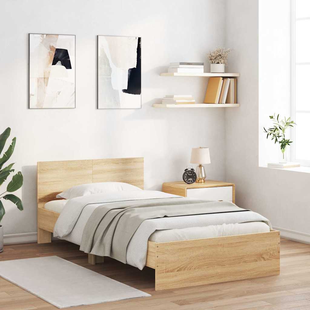 vidaXL Bettgestell mit Kopfteil & LED-Leuchten Sonoma-Eiche 100x200 cm