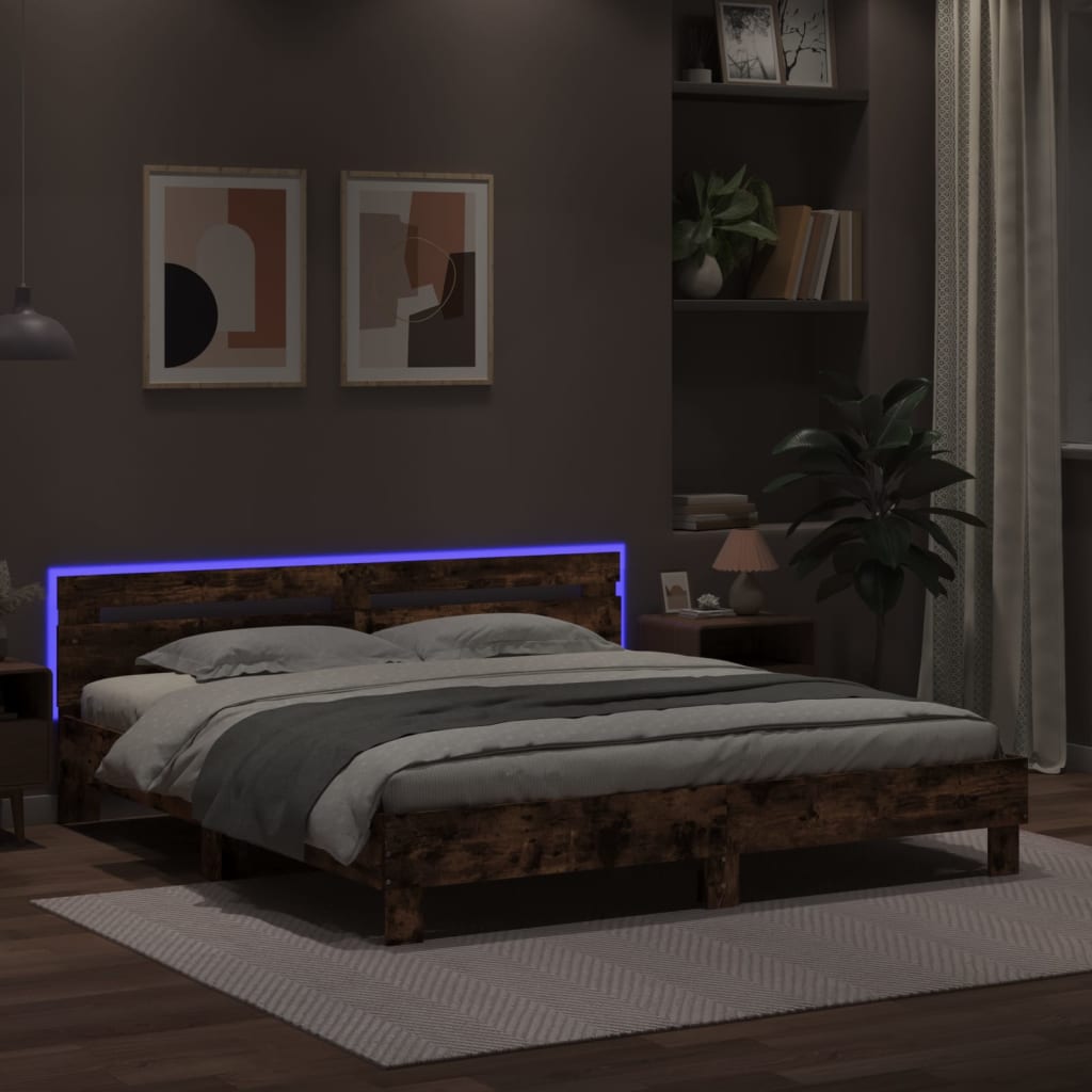 vidaXL Bettgestell mit Kopfteil und LED-Beleuchtung Räuchereiche