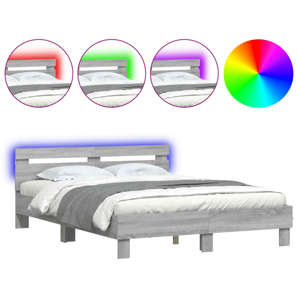 vidaXL Bettgestell mit Kopfteil LED-Beleuchtung Grau Sonoma 150x200 cm
