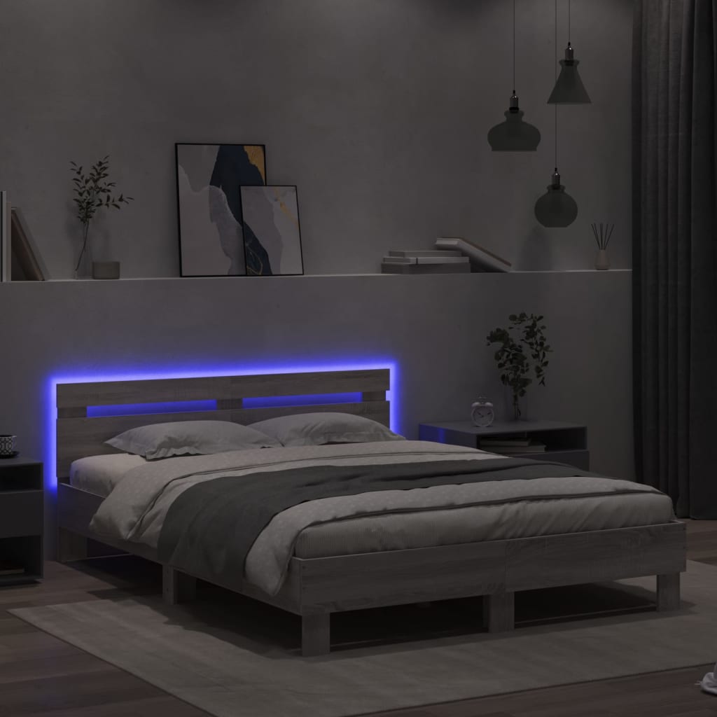 vidaXL Bettgestell mit Kopfteil LED-Beleuchtung Grau Sonoma 150x200 cm