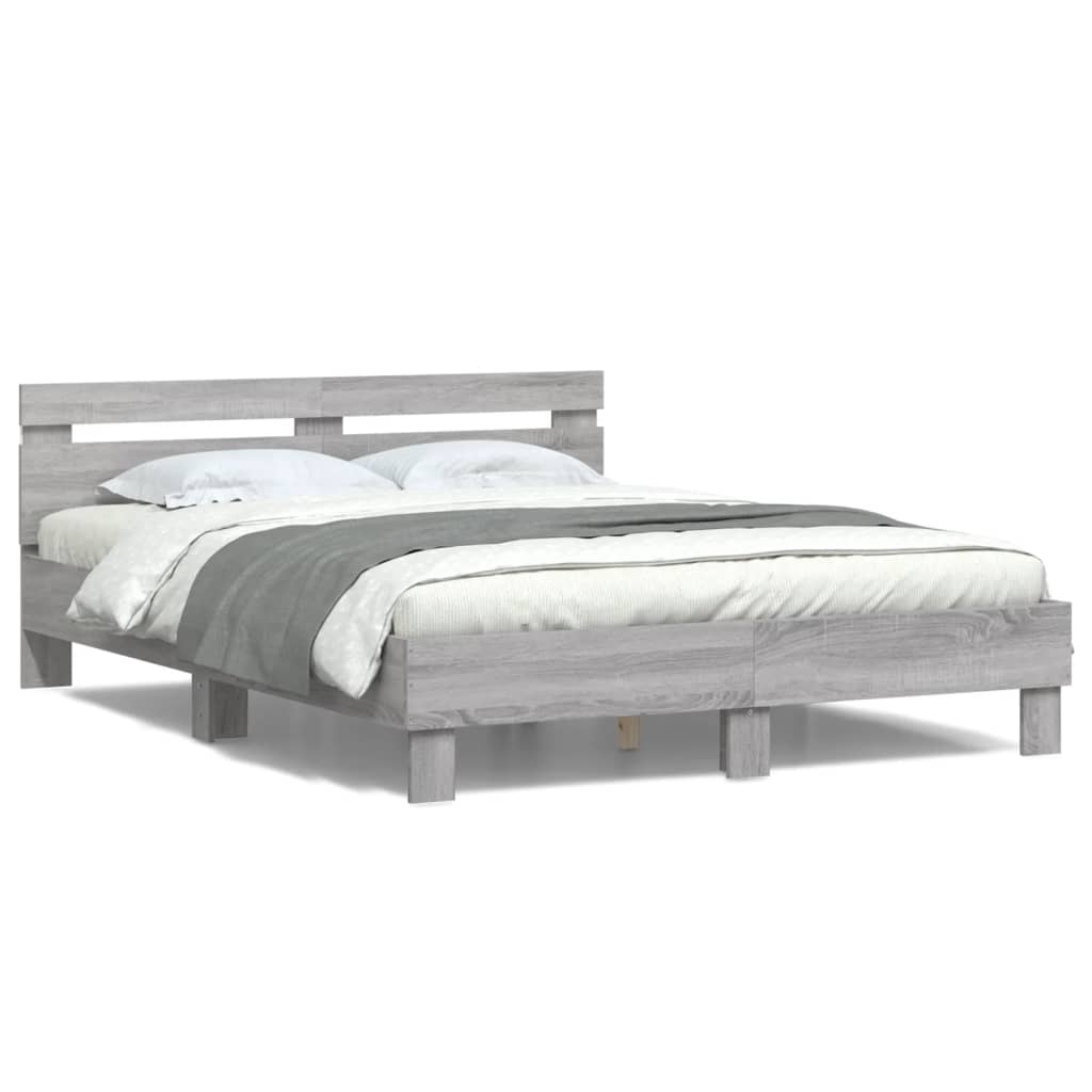 vidaXL Bettgestell mit Kopfteil LED-Beleuchtung Grau Sonoma 150x200 cm