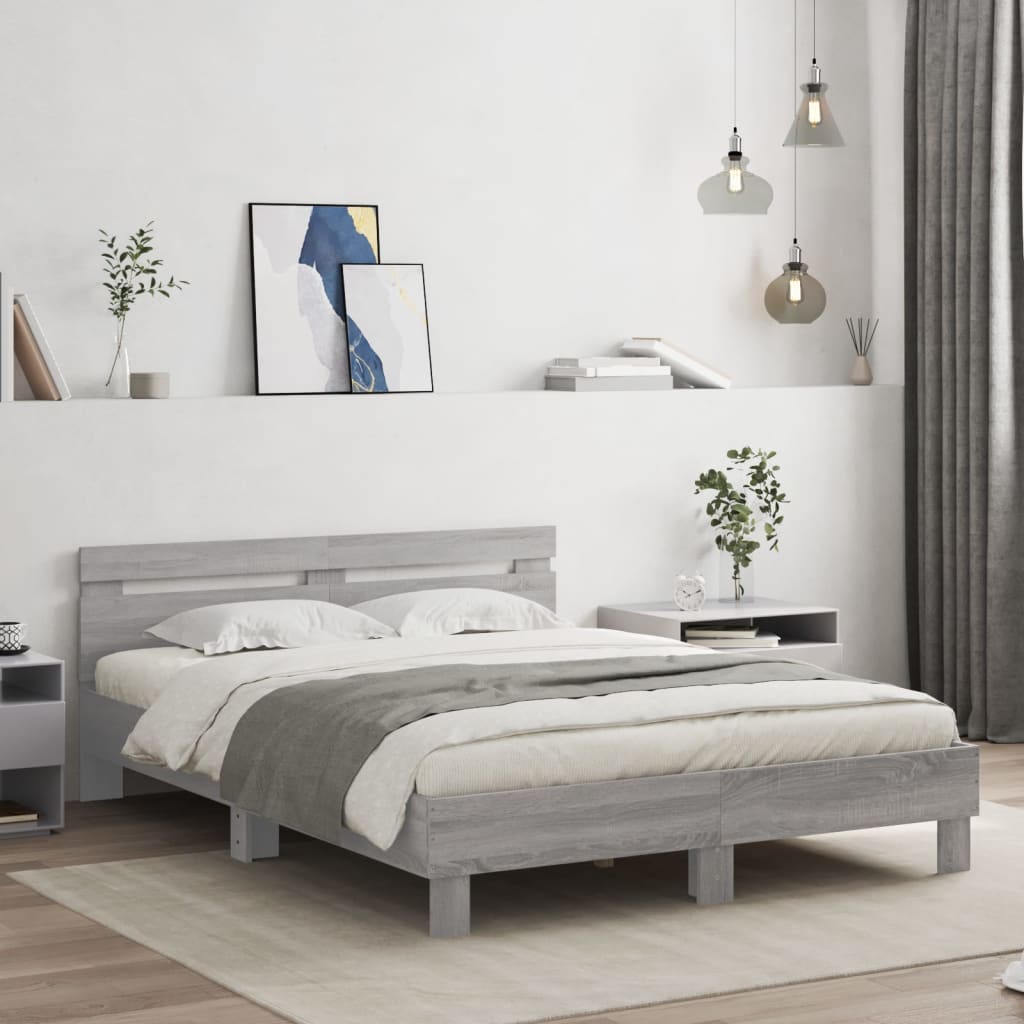 vidaXL Bettgestell mit Kopfteil LED-Beleuchtung Grau Sonoma 150x200 cm