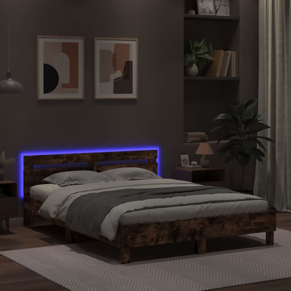 vidaXL Bettgestell mit Kopfteil LED-Beleuchtung Braun Eichen-Optik