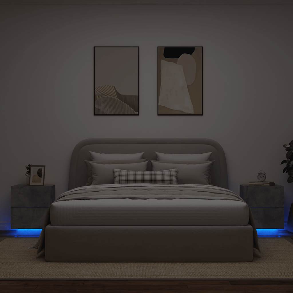vidaXL Nachttische mit LED-Leuchten 2 Stk. Betongrau Holzwerkstoff
