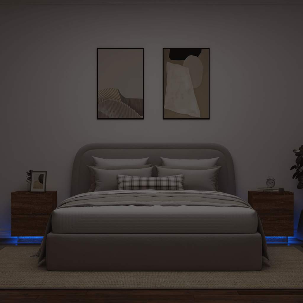 vidaXL Nachttische mit LED-Leuchten 2 Stk. Braun Eiche Holzwerkstoff