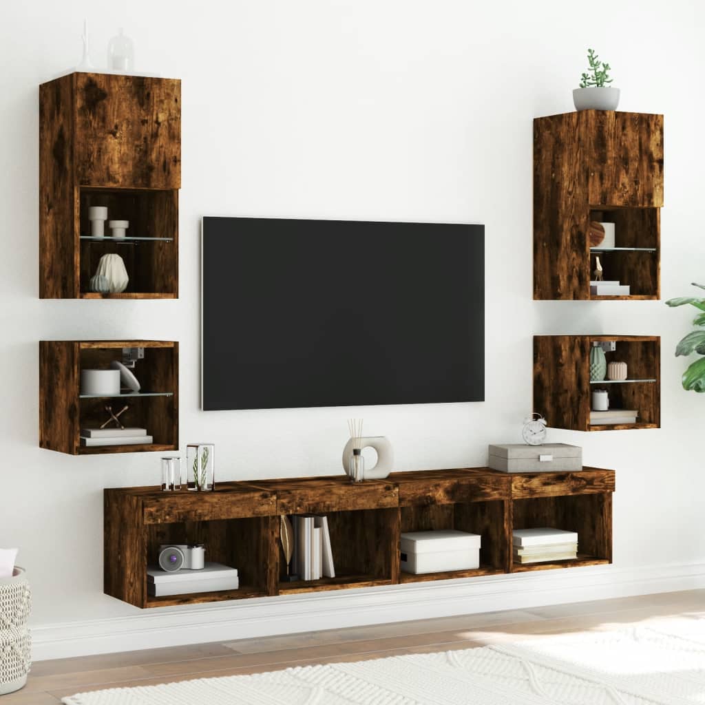 vidaXL TV-Wandschrank mit LED-Leuchten Räuchereiche 30x28,5x30 cm