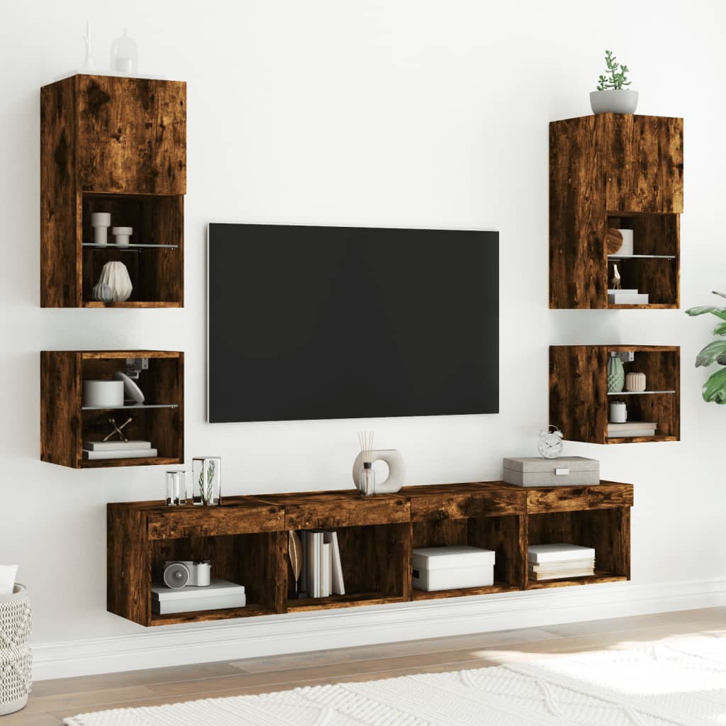 vidaXL TV-Wandschränke mit LED-Leuchten 2 Stk. Räuchereiche