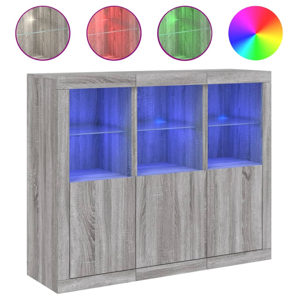 vidaXL Sideboards mit LED-Leuchten 3 Stk. Grau Sonoma Holzwerkstoff